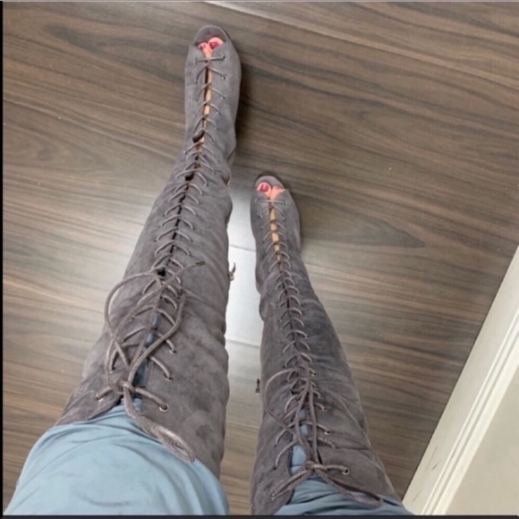 BETANI Gray Over The Knee Peep Toe Heeled Boots - Picture 3 of 4